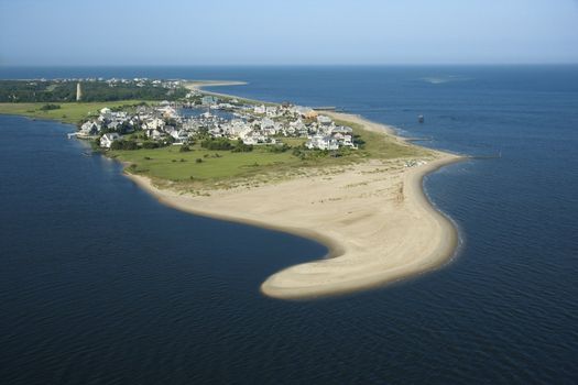 Aerial view of beach and residential community on Bald Head Island, North Carolina.