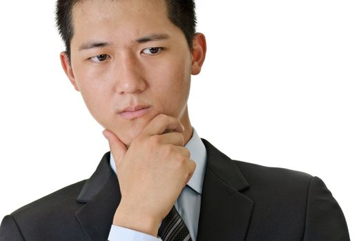 Handsome business man thinking, closeup portrait of Asian on white background.