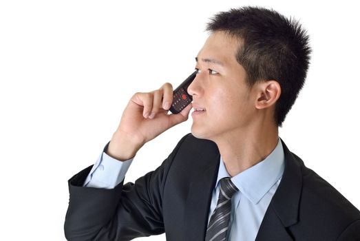 Young business man use cellphone, closeup portrait of Asian isolated on white background.
