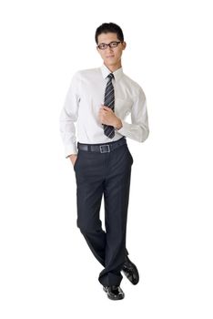 Smart young businessman standing, full length portrait of Asian isolated on white background.
