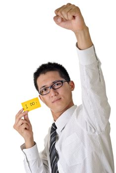 Volunteer business man say I do and raise hand on white background.