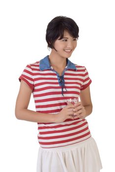 Closeup portrait of young woman of Asian on white background with happy expression on face.