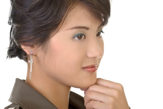 Asian beauty, closeup portrait of attractive woman on white background.
