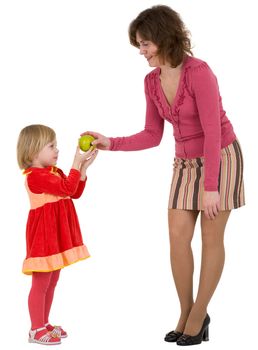Woman, little girl and apple on the white background