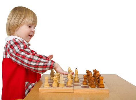 Little girl play chess on the white background