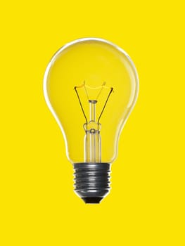 A light bulb over a yellow background. Tungsten glowing filament.