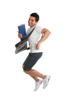 A happy thrilled excited university or college student jumping into the air.  Some motion in legs.  White background.