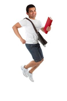 A thrilled ecstatic university or college male student jumping into the air.