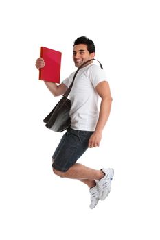 A thrilled energetic man student jumping leaping or celebrating a success, triumph or other.  White background.