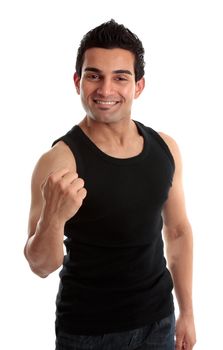 Smiling male builder, fitness instructor or other labourer with a victory fist success.  White background.