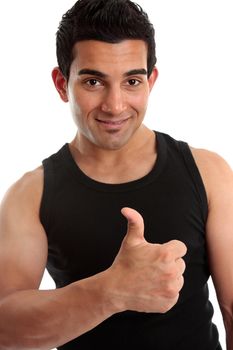 Athlete, body builder, fitness instructor, personal trainer, builder, tradesmen, or other labourer wearing black tank top, and giving the thumbs up success, approval sign.  White background.