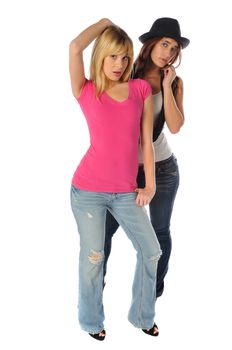 two friends posing together on a white background