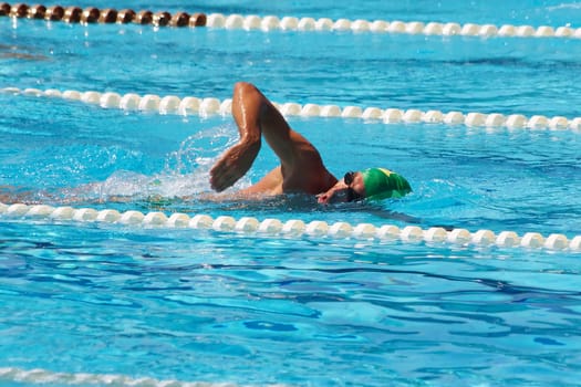 Muscular swimmer crowls in pool under bright sun