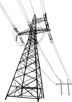 Silhouette of Power lines and electric pylons