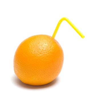 Orange with yellow drinking straw it is isolated on a white background.