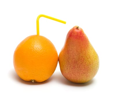 Orange with yellow drinking straw and a pear on a white background.