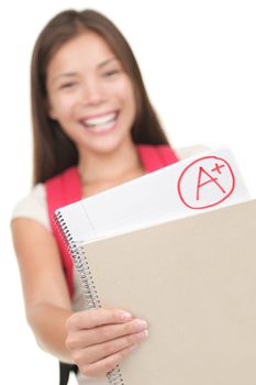 Grade / test results. Female student showing perfect grade A plus. Isolated on white background, focus on grades.