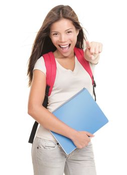 Woman college student pointing at camera cheerful and excited. Isolated on white background.