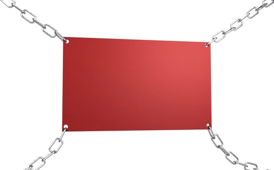 3d illustration of empty red board connected with chains, isolated on white background