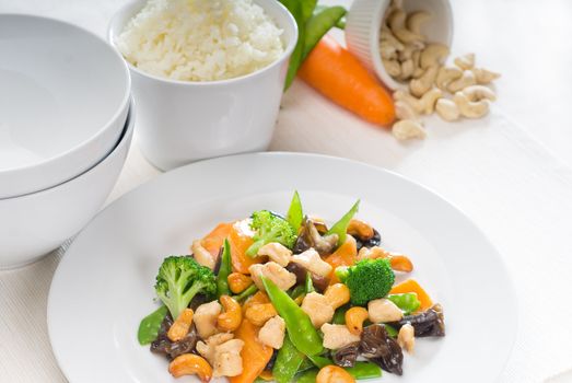 fresh chicken and vegetables stir fried with cashew nuts,typical chinese dish