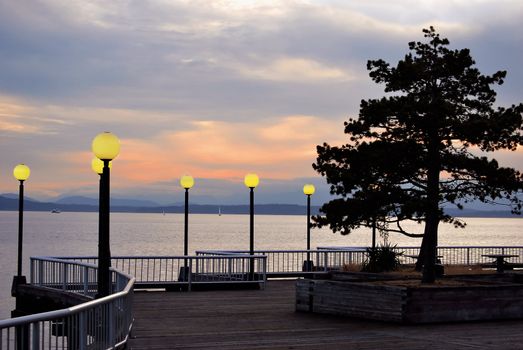 It�s Puget Sound sunset for Seattle waterfront.