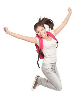 Jumping female college / university student isolated on white background. Young woman Asian Caucasian students.