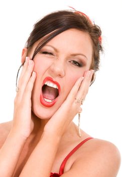Screaming woman with red lips on isolated white