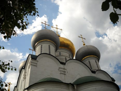 Temple, church, cathedral, religion, Orthodoxy, spirituality, architecture, domes, a cross, belief, pilgrimage, history, culture, an antiquity, Christianity, a belltower, the sky, clouds, Russia