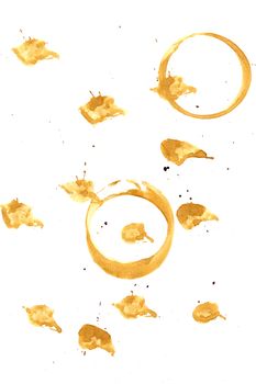 Collection of coffee splashes and stains isolated on white background.