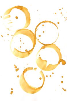 Collection of coffee splashes and stains isolated on white background.