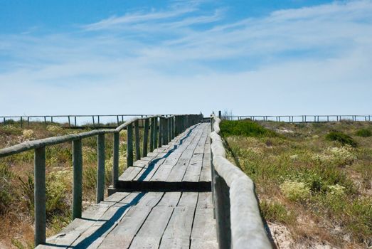 Boardwalk over sand dunes on a sunny day near the beach.