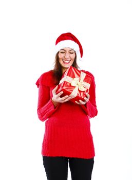 Cute Santa Girl Holding A Little Red Present Box