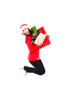 Joyful Santa Girl Jumping With A Bunch Of Presents
