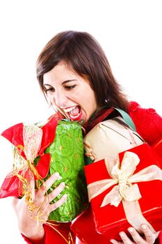 Cheerful Young Woman Holding A Bunch of Presents