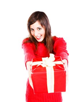 Cheerful Young Woman Offering A Red Boxed-In Present