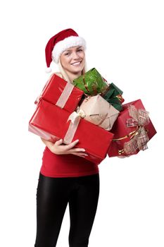 Sweet Beautiful Blond Girl With Santa Hat And Lots Of Presents