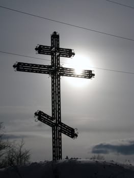 cross, religion, symbol of faith, christianity, winter; tree, snow, nature; landscape; type; background; beauty; panorama, sky, sun, faith, sign, monument, hill