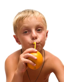 The boy drank the juice from an orange through a straw is isolated on a white background.