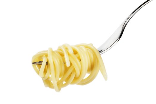 some pasta on a fork in front of white background