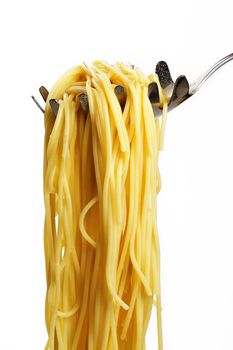 some pasta on a scoop in front of white background