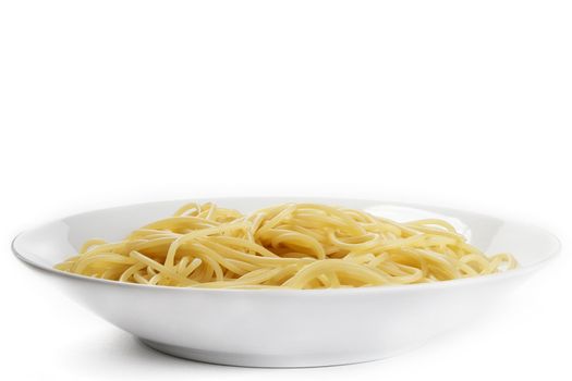 one plate with spaghetti from front on white background