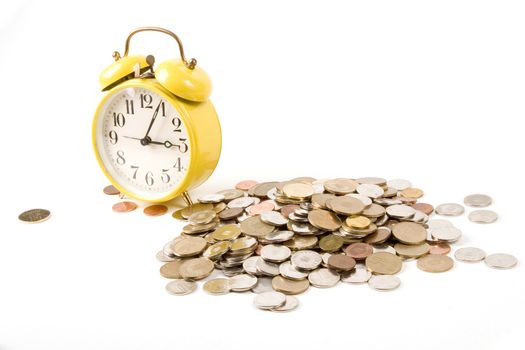 Yellow clock and coins