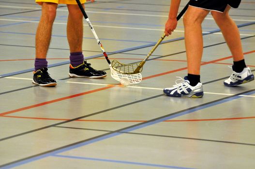 Faceoff at a game of floorball.