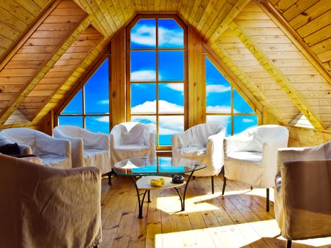 summer wooden rest room with blue sky outside the window