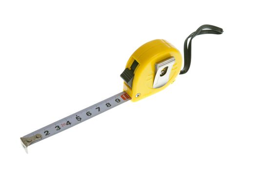 Yellow and black tape measure isolated on white background.