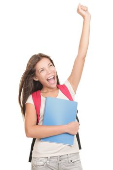 Female college university student celebrating excited. Isolated on white background. Mixed race Chinese Asian  / Caucasian woman model.