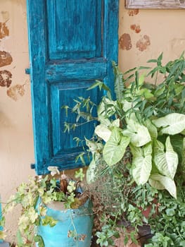 Traditional classical Greek house entrance blue door Greece Aegean Islands