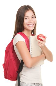 Student on white. Female mixed asian / caucasian college student isolated on white background holding a red apple.