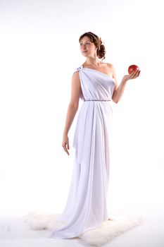 Ladies in white antique dress and red apple on white background
