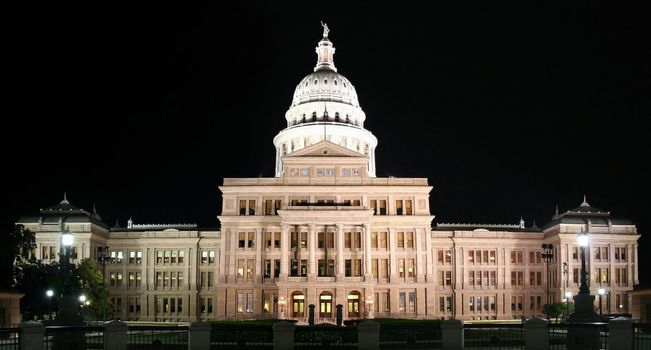 A nice clean shot of the Texas State Capitol Building in downtown Austin, Texas at night.